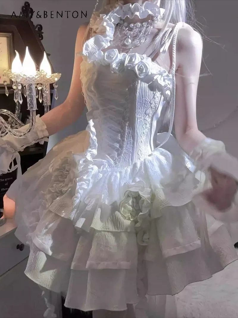 Subculture Gothic Princess Dress Three-Dimensional Flowers Strapless JSK Fishbone Slim Fit High Waist Tutu White Dress Women