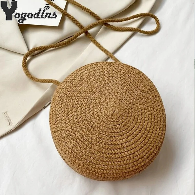 Round Straw Bag Women Woven Beach Crossbody Bag for Ladies Cute Shoulder Rattan Handmade Knitted Candy Color Small Handbag Bolsa