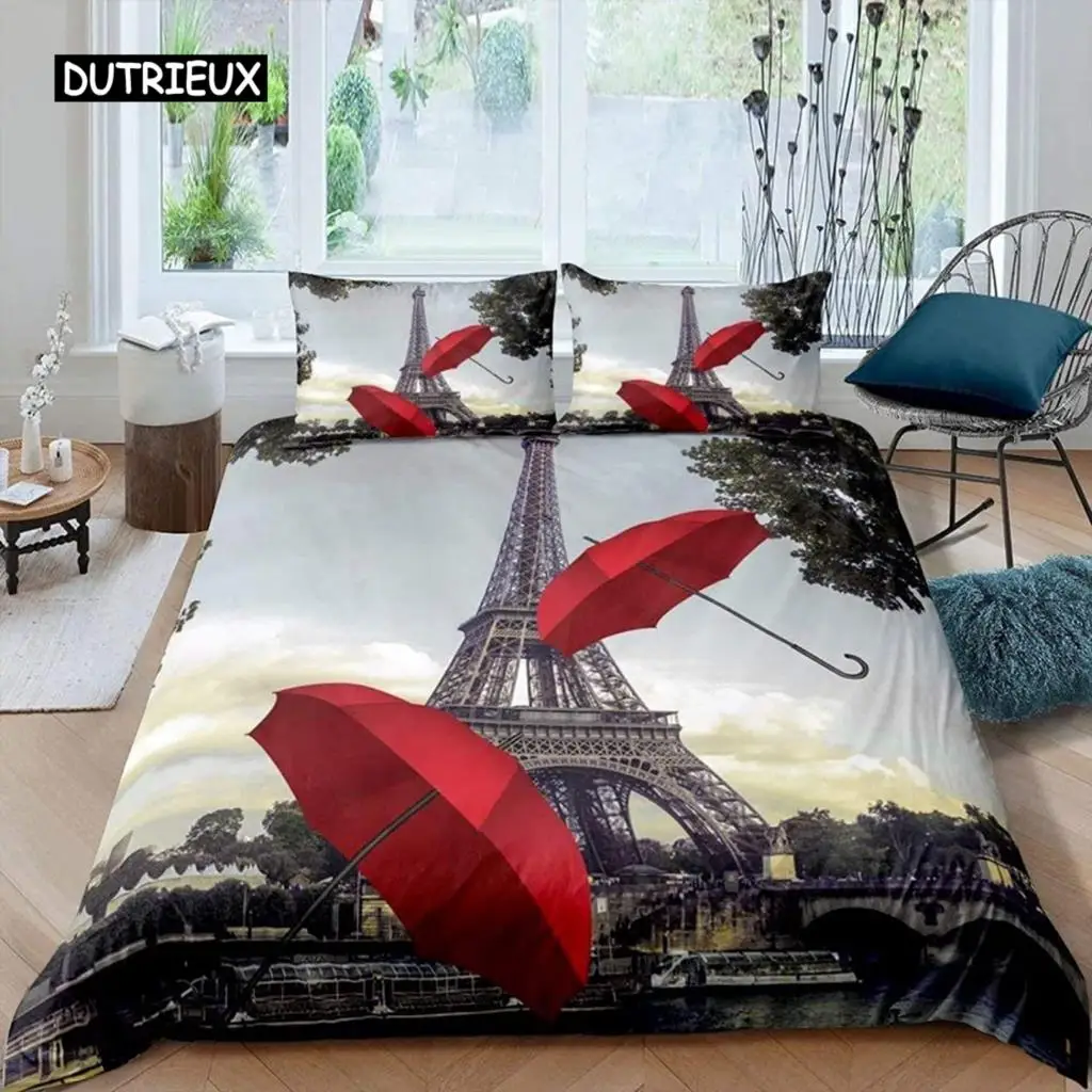 Paris Duvet Cover Vintage Eiffel Tower Red Umbrella Soft Breathable Paris Bedding Set Microfiber Double Queen King Quilt Cover