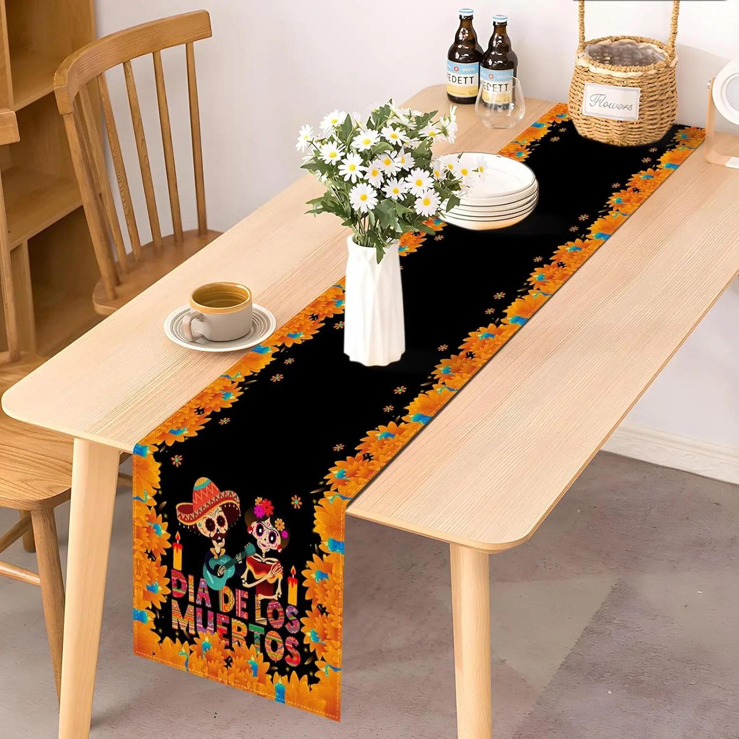 Mexican Day of The Dead Linen Table Runner Holiday Party Decor Dia De Los Muertos Sugar Skull Table Runner Fiesta Decoration