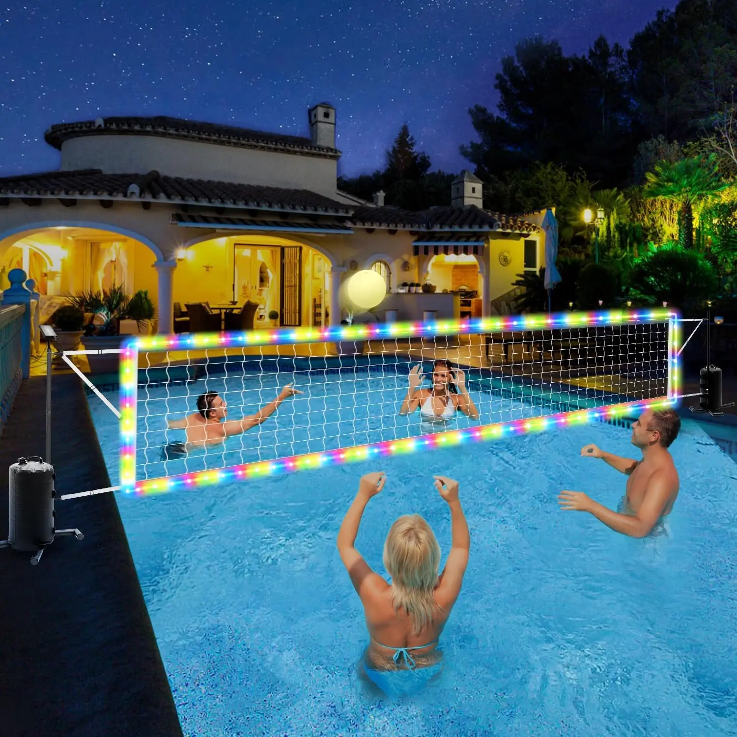Adjustable Water Volleyball Net for Inground Pools with Solar LED Lights, Glow Ball, Pump, and Weighted Bases - 15 to 32 ft Range, Outdoor Pool Games for Kids, Adults, and Family