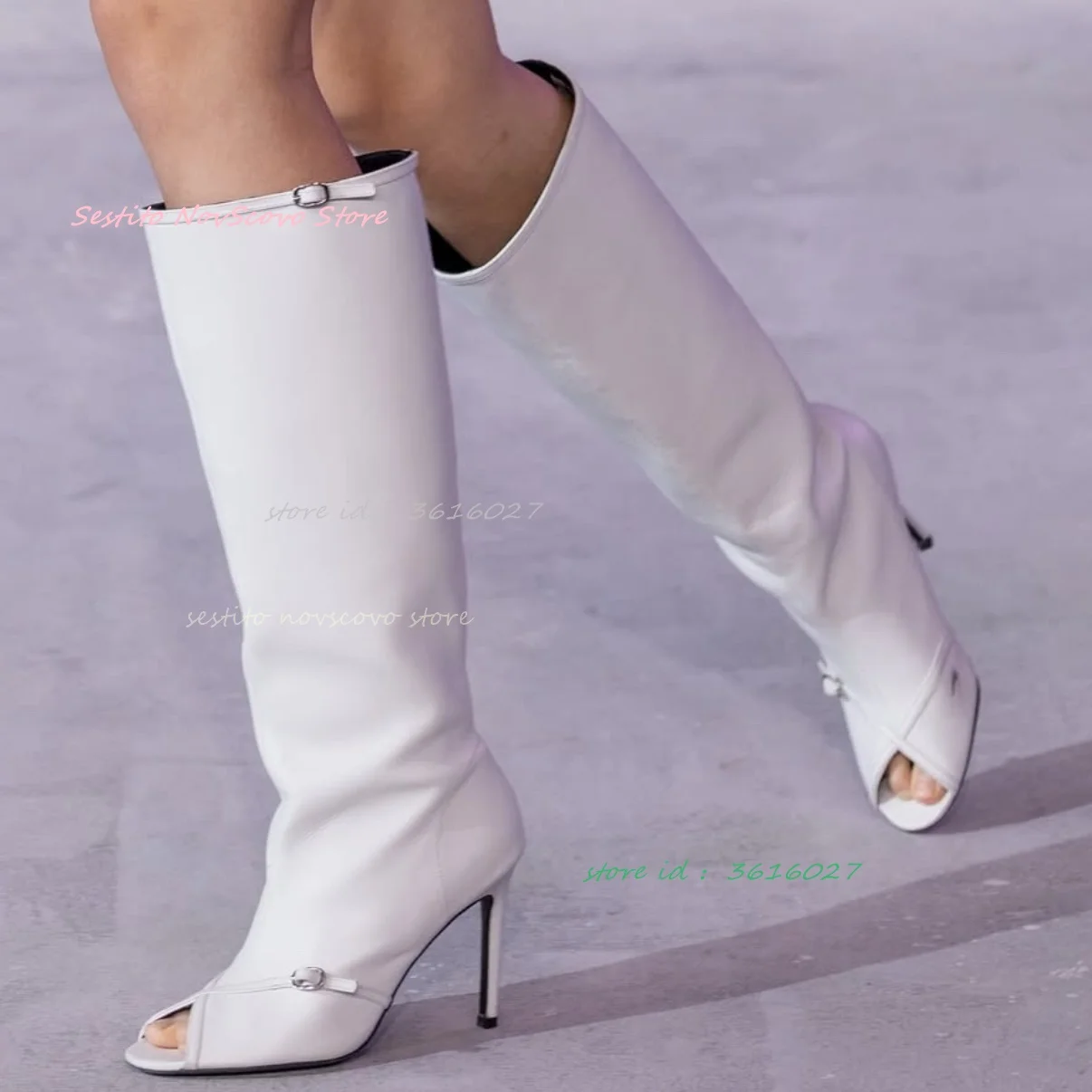 

Peep Toe Cross Straps Buckle Knee High Boots Leather Stiletto High Heels Long Boots Classic Pu Leather Autumn Sexy Women Booties