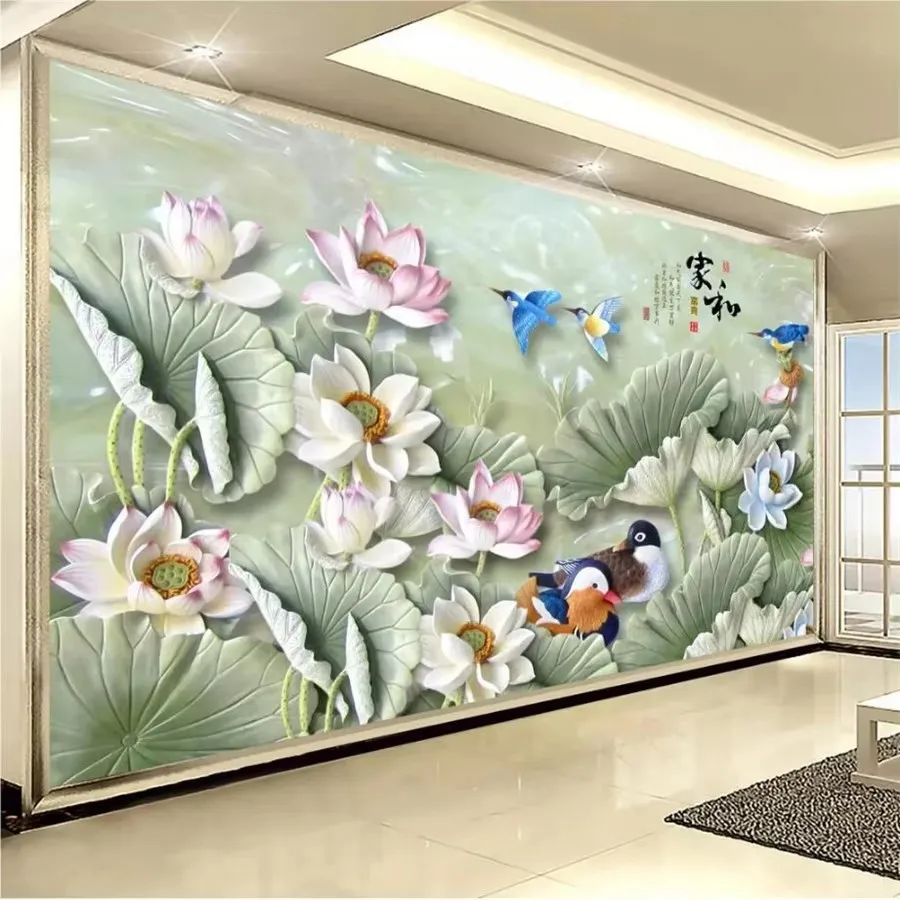 Custom wallpaper 3d photo mural jade carving home and rich lotus flower papel de parede Living room bedroom background wall обои