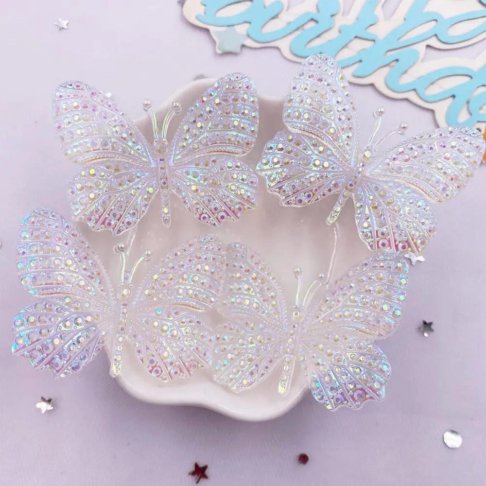 4PCS AB Clear Resin 3D Butterfly Flat back Rhinestone Wedding Scrapbook Clothing Gem Figurines DIY Jewelry Crafts Accessories