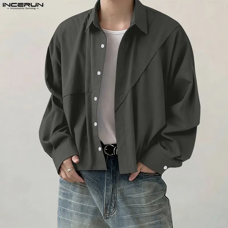 INCERUN 남성 셔츠 솔리드 컬러 라펠 긴 소매 버튼 루즈 크롭 탑 남성 스트리트웨어 한국 스타일 패션 캐주얼 남성 의류