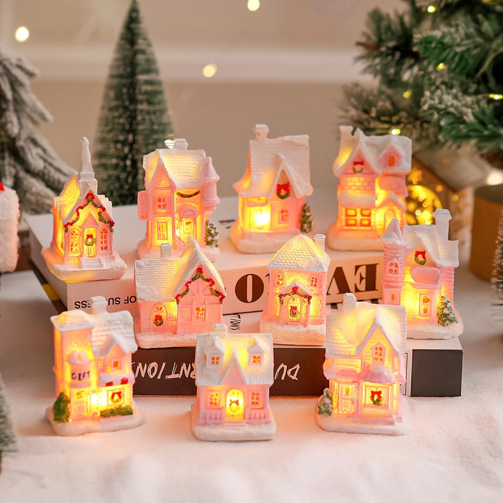 

New Christmas Decorations Resin Luminous Small House Micro-landscape Resin House Small Ornaments Christmas Gifts Home Shop Decor