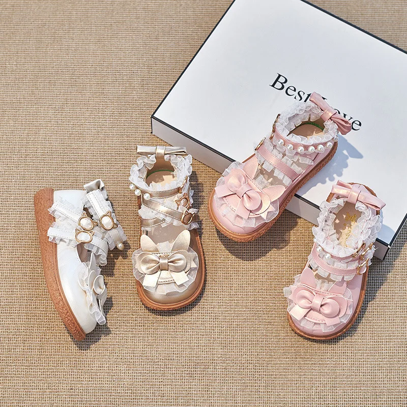 Girls Lolita Leather Shoes Spring Pearl Lace Children Soft Soled Single Shoes Kids Bowknot Princess Shoes Chaussure Enfant Fille