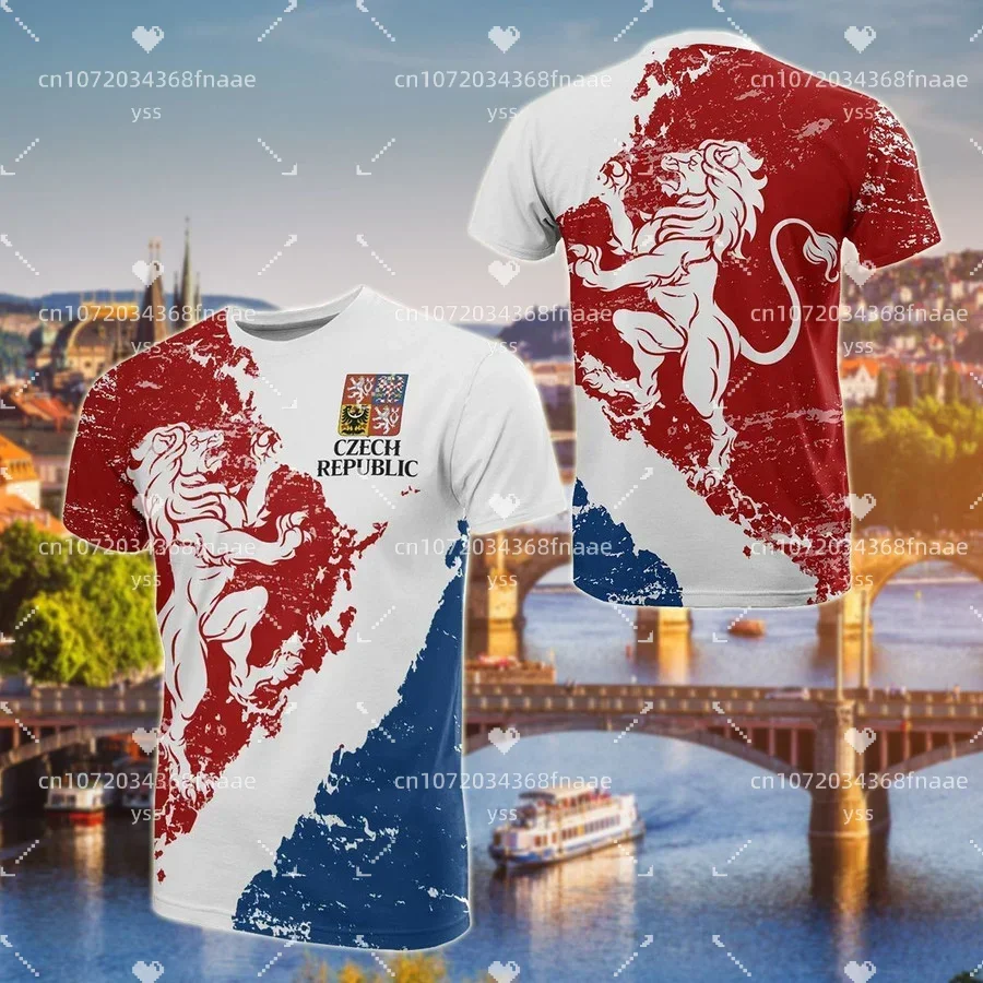 2024 Czech Flag & Coat of Arms Graphic Tee Summer Casual Streetwear Men's Fashion Loose T-shirts Boy Oversized Short Sleeve Tops