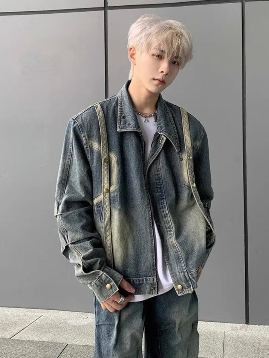 

Vintage Zipper Denim Jacket Men American Spring Autumn Chic 2024 New Hip Hop Casual Jeans Coat Loose Retro Outerwear