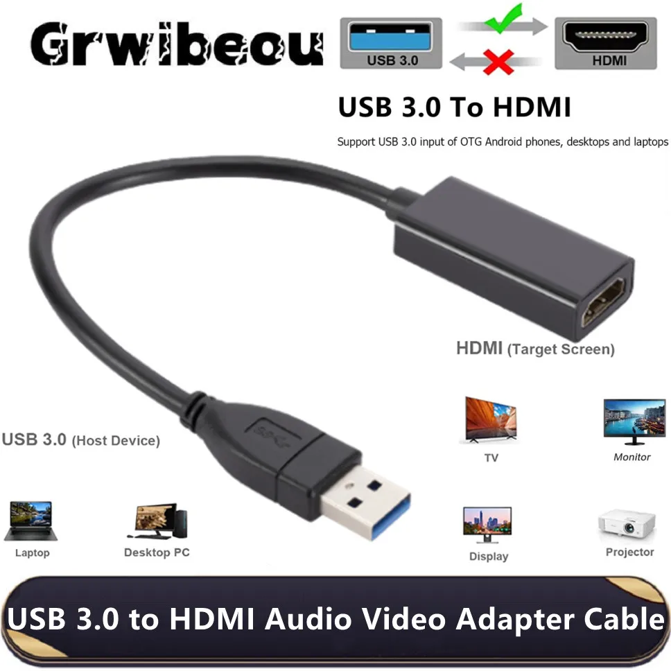 Convertisseur USB 3.0 vers HDMI 1080P USB mâle vers HDMI femelle, câble adaptateur de carte graphique externe pour PC portable HDTV