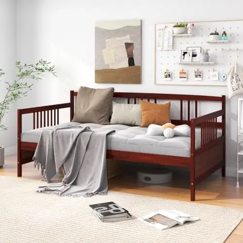 Twin Daybed, Pine Wood Daybed with 3-Side Rails & 10 Support Slats, Under Bed Storage Space, 2-in-1 Sofa Bed Frame for