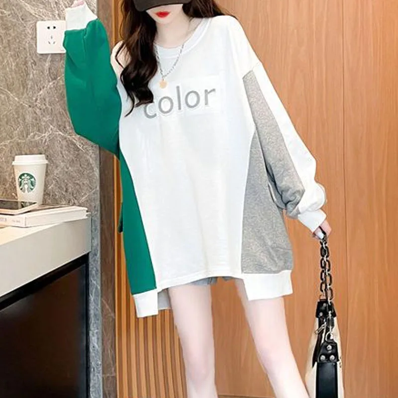 New Spring and Autumn Fashion Korean Edition Panel Contrast Plaid Round Neck Short Loose Versatile Foreigner Long Sleeve Sweater