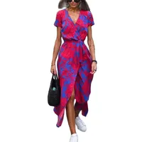 Women Split Hem High Waist Lace-up Dresses Summer Crossover V Neck Short Sleeve Dress Elegant Print Female Gown Trend Streetwear