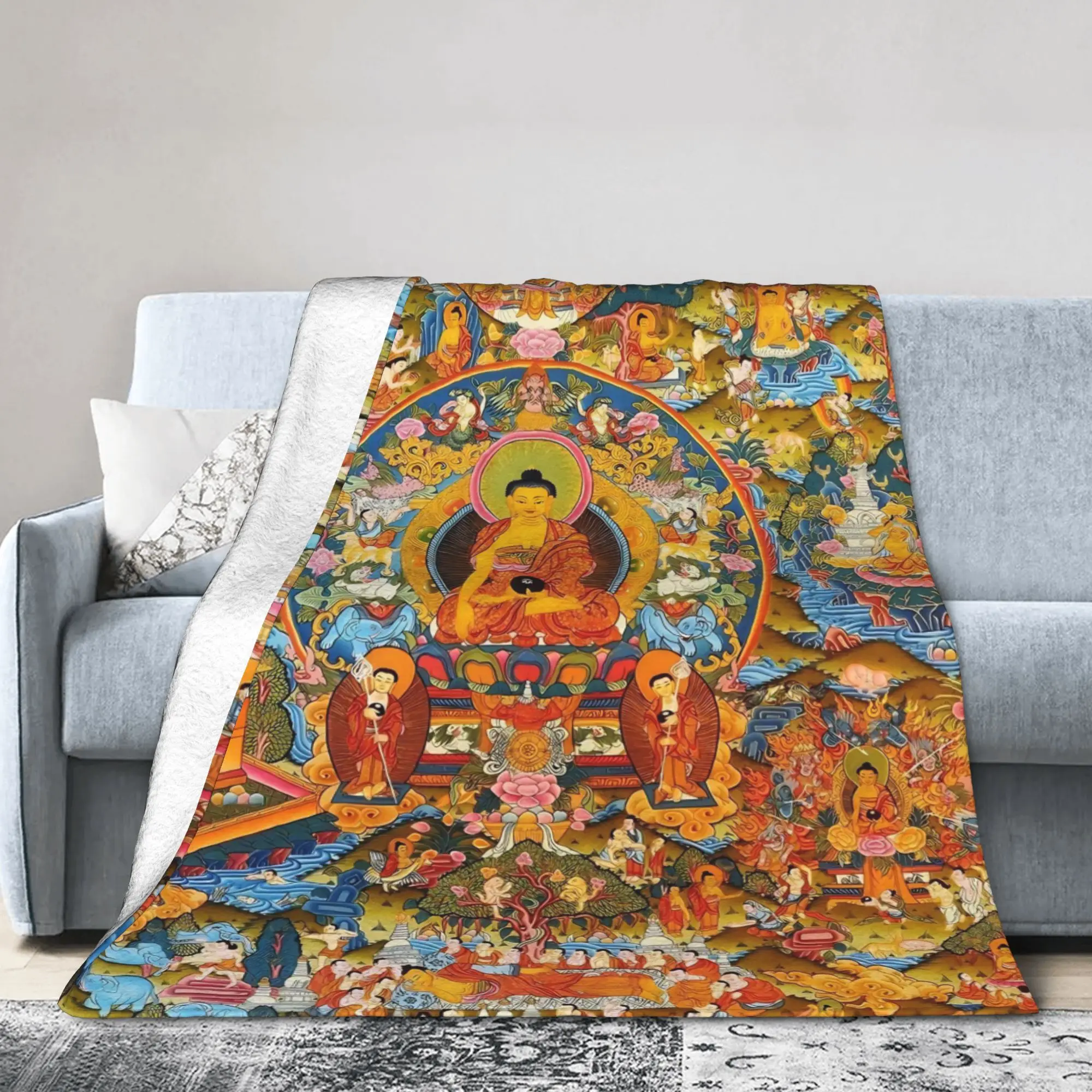 Buddha Tibetans Thangka Peaceful Blankets Y2K Harajuku Flannel Novelty Breathable Throw Blanket for Home Restaurant Summer