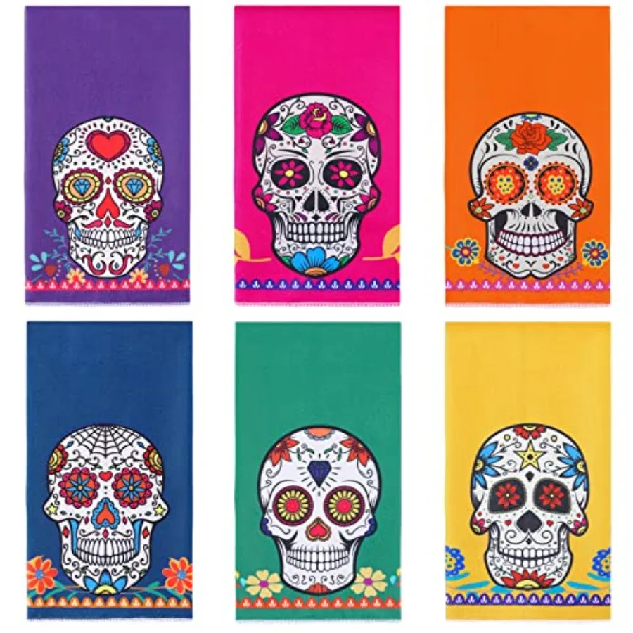 

6 шт. Мексиканские кухонные полотенца для декора сахарного черепа Подарочный кухонный декор Полотенце для посуды 24x16 Ih Мексиканские праздничные впитывающие сушки