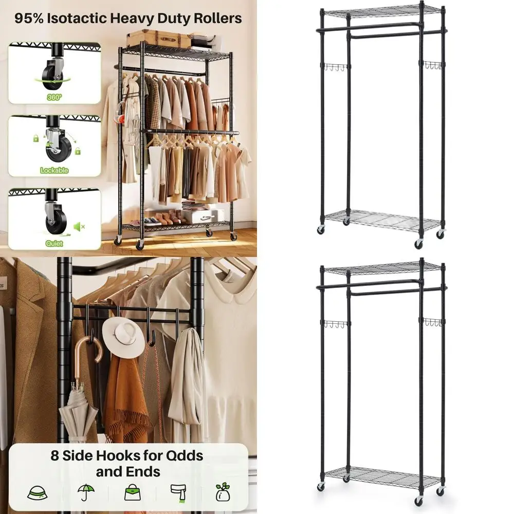 

Портативная усиленная вешалка для одежды с двумя штангами и колесами, регулируемая вешалка с 4 крючками, выдерживает до 180 кг, для спальни, прачечной, гардеробной