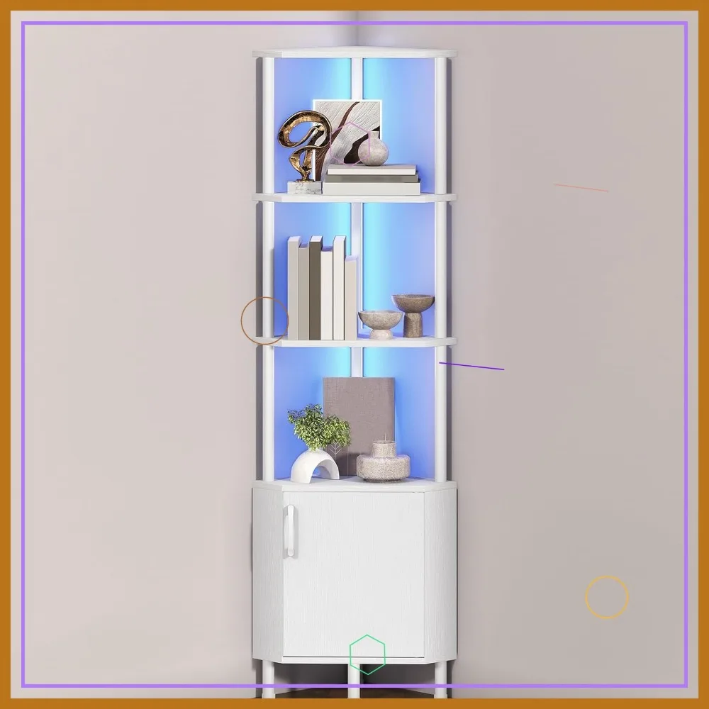 

5-Tier Corner Cabinet with LED Light, Storage Doors, Industrial Bookshelf for Living Room Kitchen, White