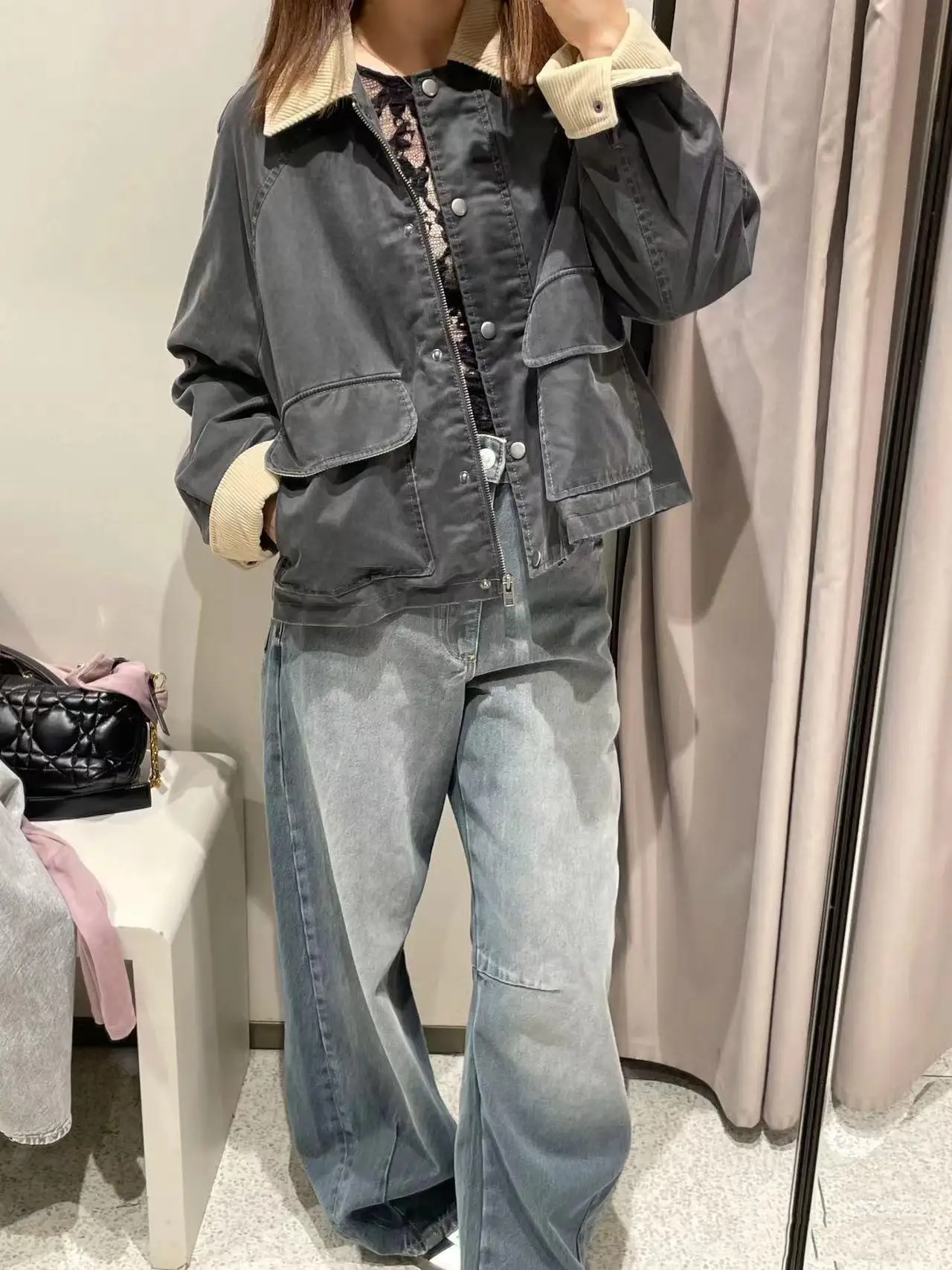 Nuovo 2025 Primavera Autunno Donna Casual Pelle cerata Colletto Jaet Colore Blo Vestibilità ampia Regular Sve Lungo pezzo unico