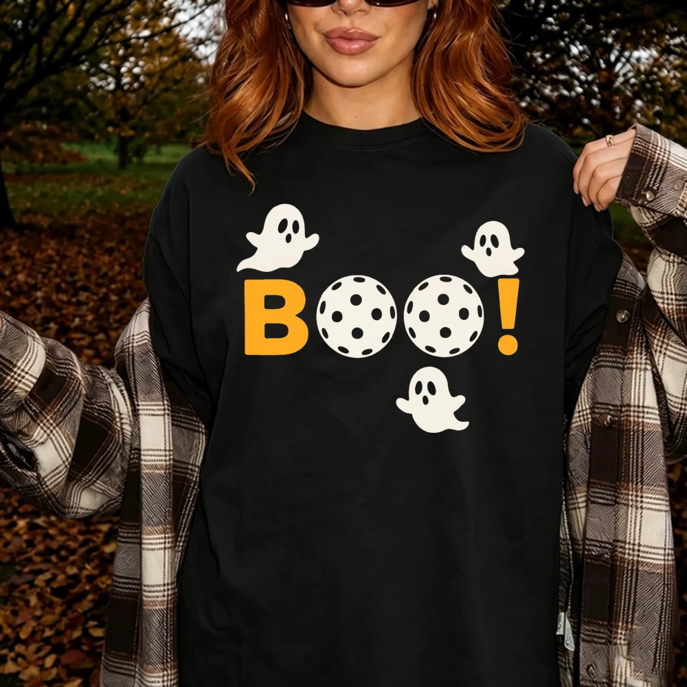 Vintage Boo Pickleball Ghost T Shirts Women Halloween Graphic Print Cotton Short Sleeve Loose Casual Autumn Top Women Clothes