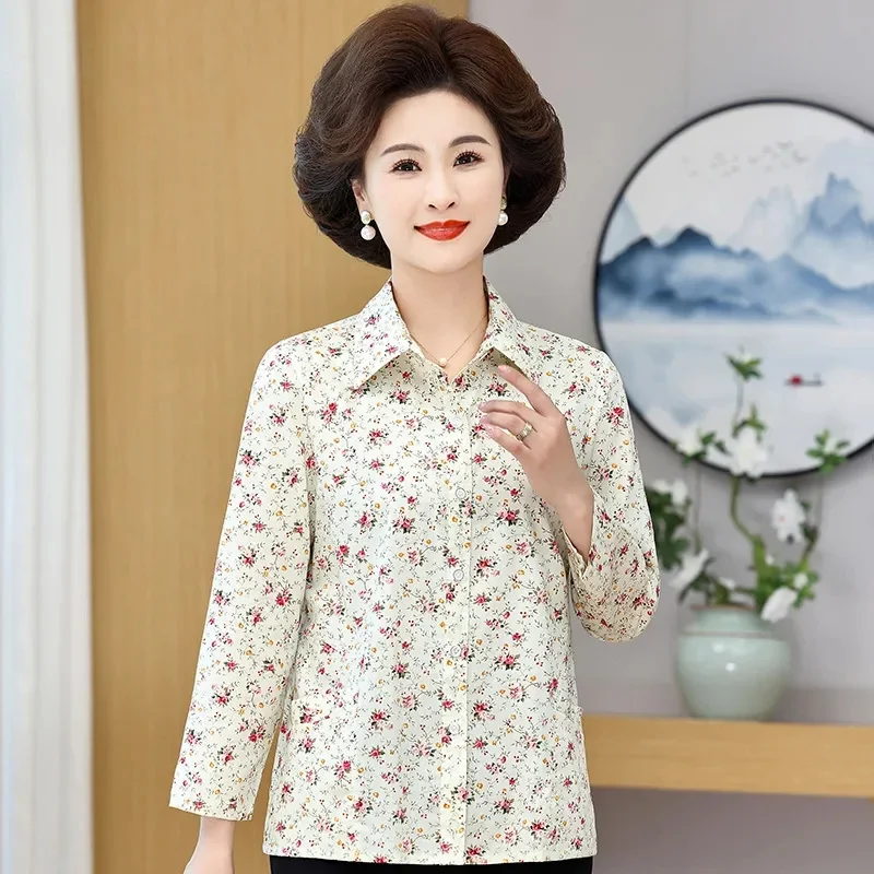 الصيف الإناث الطباعة المرقعة قميص معطف سيدة الموضة قمصان طويلة الأكمام منتصف العمر أمي حجم كبير 5XL سترة بلوزة #2