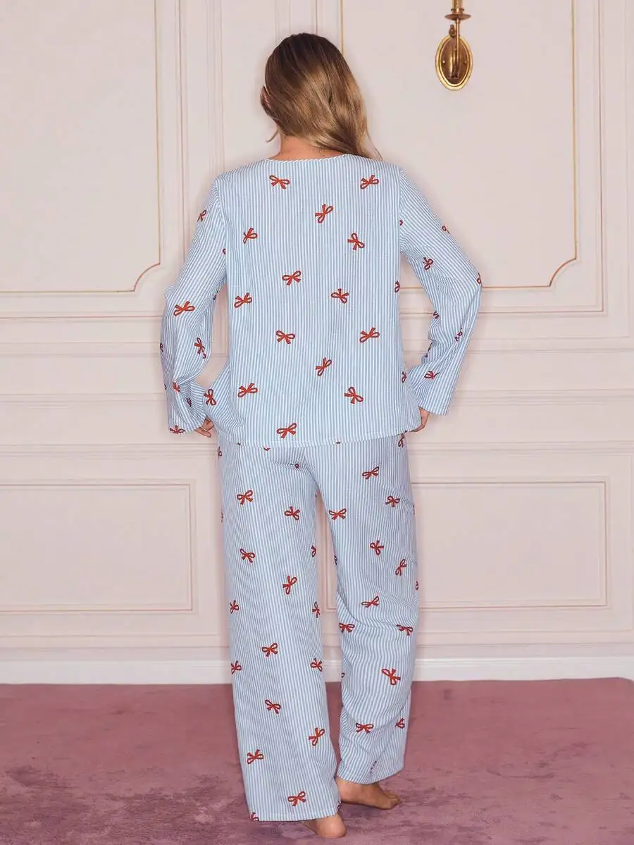 

Womens Striped Bow Print Cardigan Pajama Set Autumn Winter