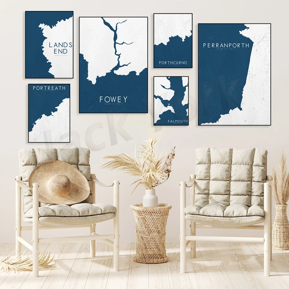 Bude, Portreath, Lands End, St Austell, Fowey, Port Isaac, Fistral, Isles of Scilly, Perranporth, Newki map poster coastal art