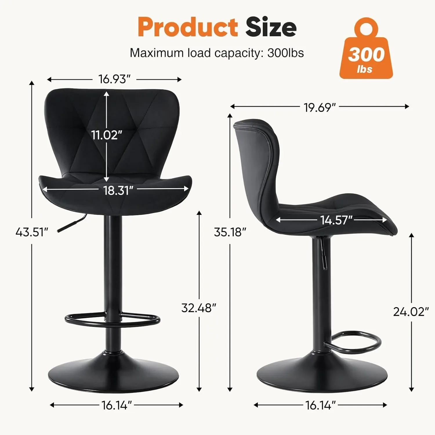 Modern Faux Leather Bar Stools Set of 2, Adjustable Swivel Counter Height Stools with Back Support for Kitchen Bar