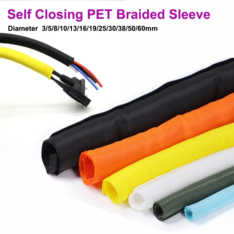 1/2/5m Self Closing PET Expandable Braided Sleeve Insulated Self Close Cable Sheath Self-Closed Cable Organiser Wrap Sleeve