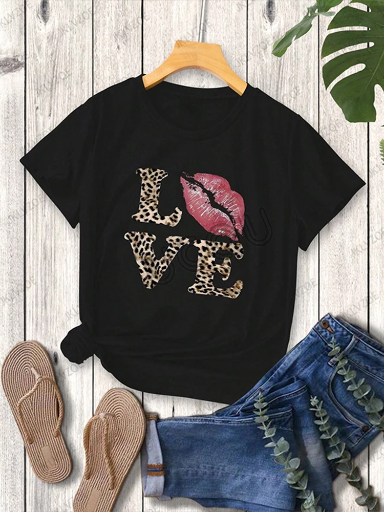 2025 été nouveau femmes imprimé léopard lèvres amour imprimé coton t-shirt à manches courtes col rond t-shirts décontracté mode surdimensionné hauts
