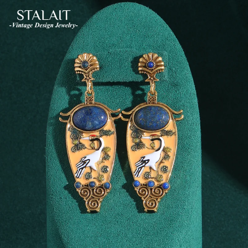 

Vintage Jewelry Statement Crane Vase Relief Earrings Drop Blue Stone Gold Color For Woman Charm Luxury Antique Accessories 2025
