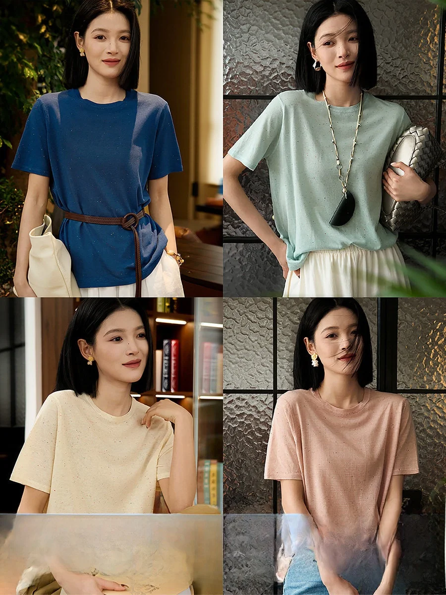 

Женская трикотажная футболка Cleanfit: летняя, повседневная, свободного кроя, с коротким рукавом, из шелка и льна, дышащая, комфортная, с круглым вырезом