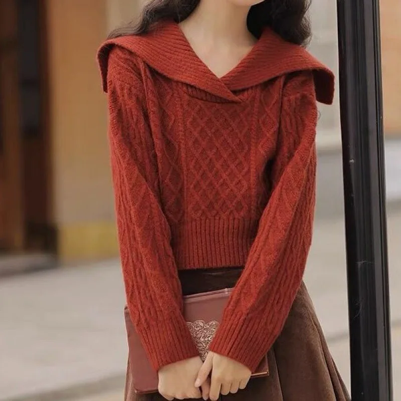 

Large lapel sweater, high waisted short sweater, women's 2023 autumn/winter pullover, long sleeved pullover, knitted top