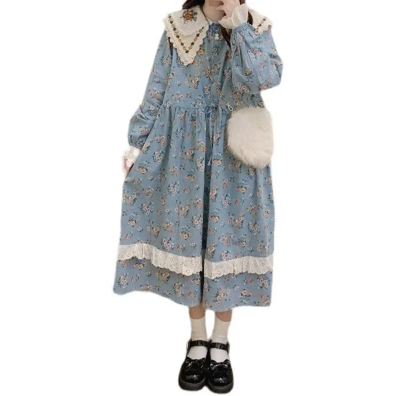 Japanese Doll Collar Dress for Women Forest Style Loose Embroidered Small Flower Cardigan Long Sleeve Shirt Robe  w1453