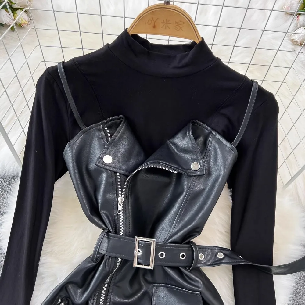 Fashion Two Piece Set PU Leather Dress Women Spring Autumn Spaghetti Strap Mini Dress With Belt Black Sundress Vestidos