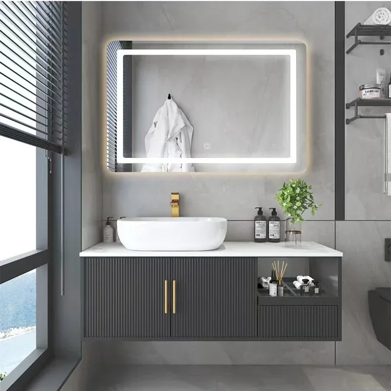 

Modern Bathroom Washbasin Cabinet Slate Integrated Countertop shelf Bathroom Cabinets Vanity Top Sinks Bathroom Furniture