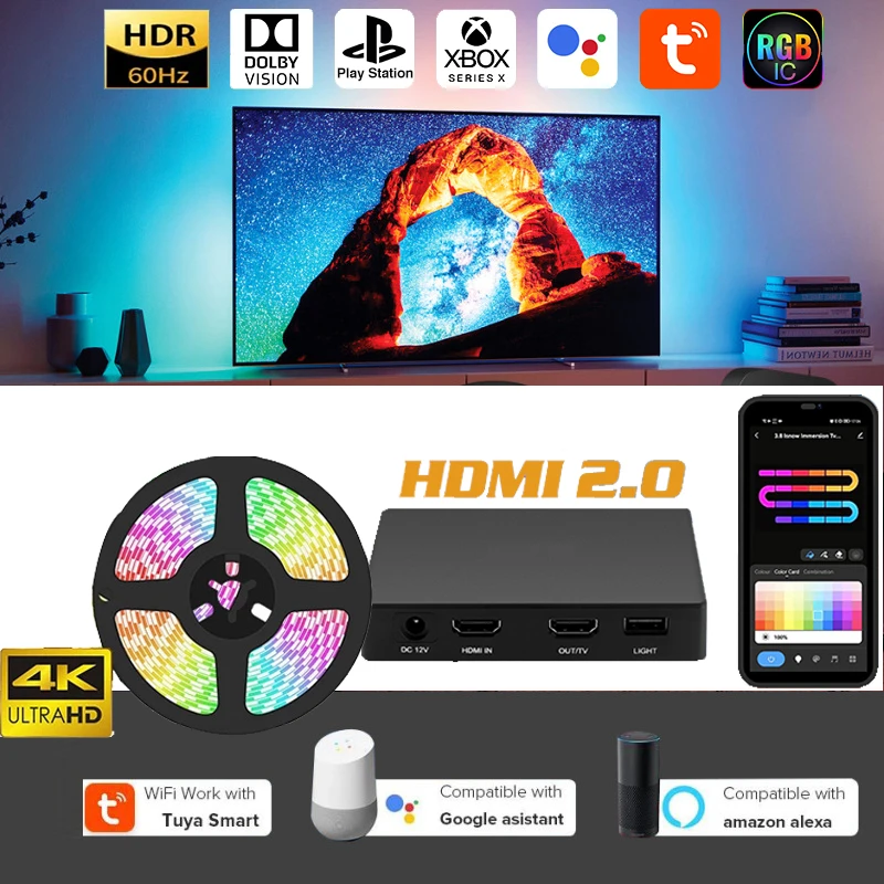 

Smart Ambient TV Led Backlight For 4K HDMI 2.0 Device Sync Box Led Strip Lamp PC Monitor Back Lights Kit Works with Alexa Google