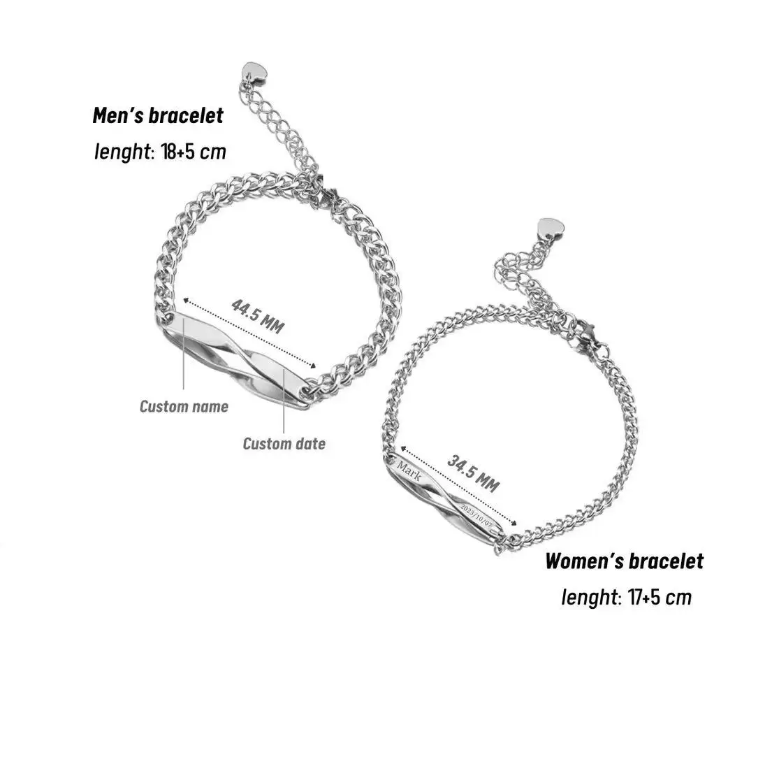 Two-piece titanium steel Möbius couple bracelet set, customizable with name and date engraving LK-AA710