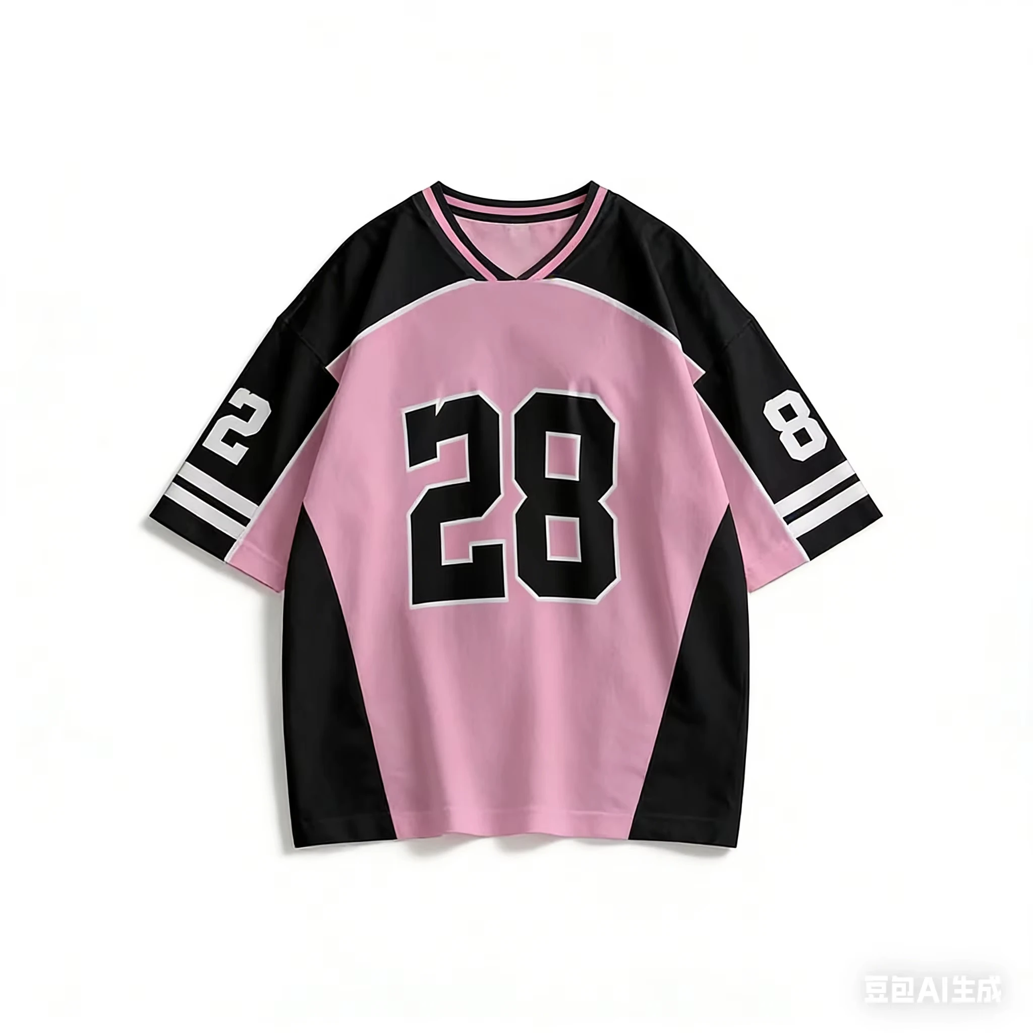 Retro Digital 28 Print Rugby Baseball V-neck Short Sleeved Shirt for Children, Comfortable Sports Street Short Sleeved Shirt