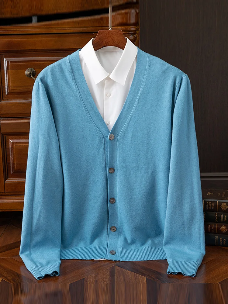 Choice Autumn Winter Men Sweater Standard Smart Casual Wool Cardigan 100% Merino Wool Knitwear Long Sleeve V-Neck Collar Tops