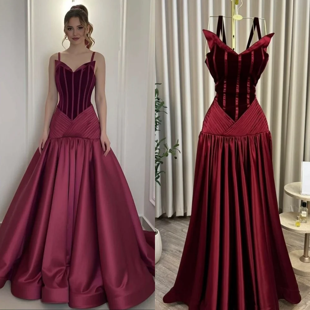 

Customized Sparkle Charmeuse Pleat A-line Spaghetti Strap Long Dresses Bespoke Occasion Evening Elegant Classic