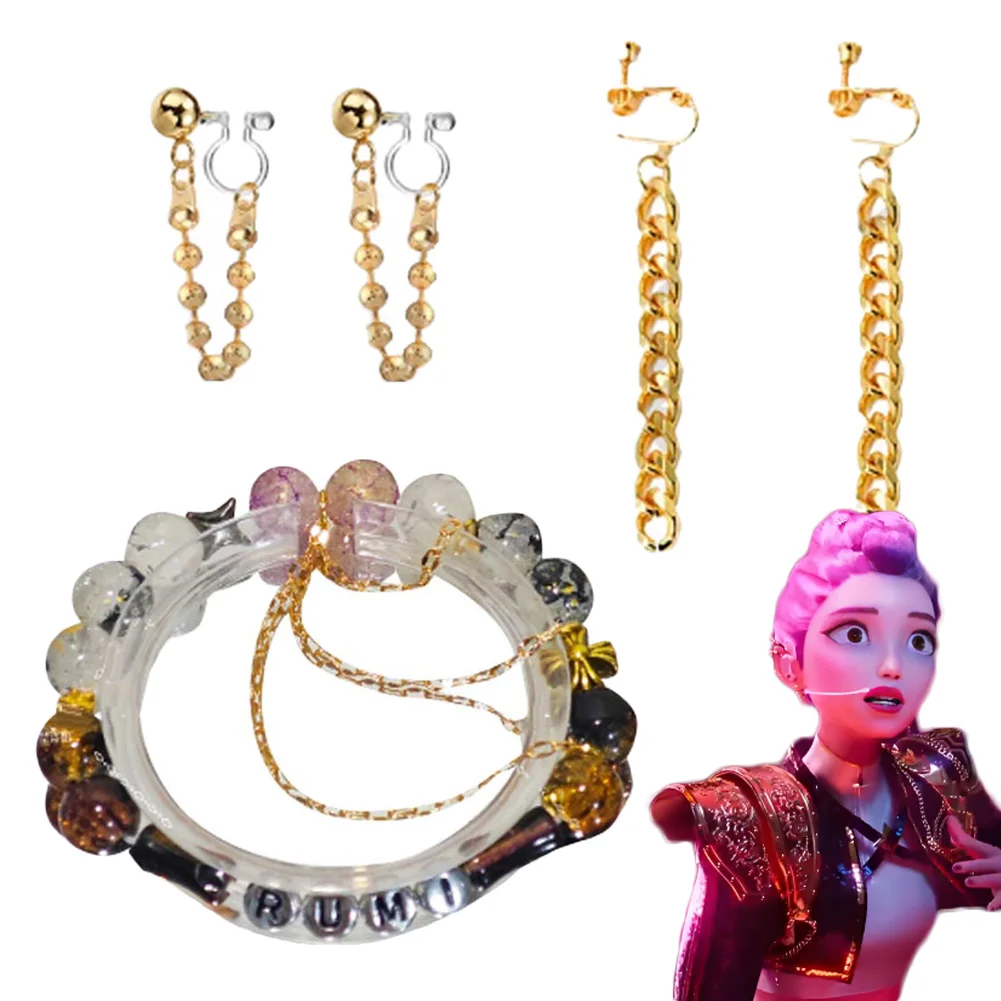 Demon Hunter of KPop Rumi-pendientes dorados para Cosplay, Clips, pulsera de cristal, accesorios de disfraz, juego de rol de Halloween, regalo de fiesta de Carnaval