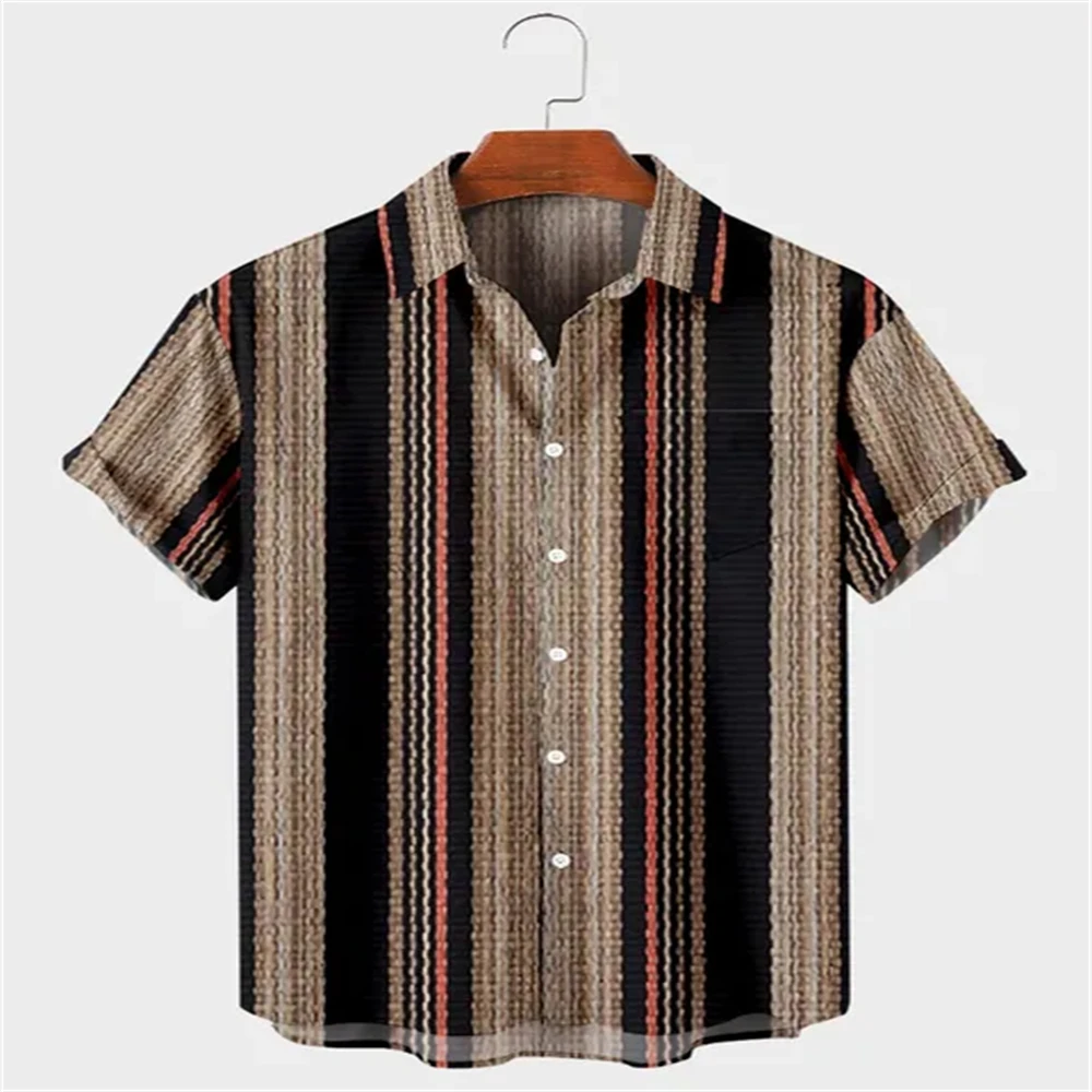 Hawaiian Men's Striped Shirts Black Printed Shirts Social Short Sleeve Casual Top Oversized Gym Clothing Fashion Male Vintage ﻿