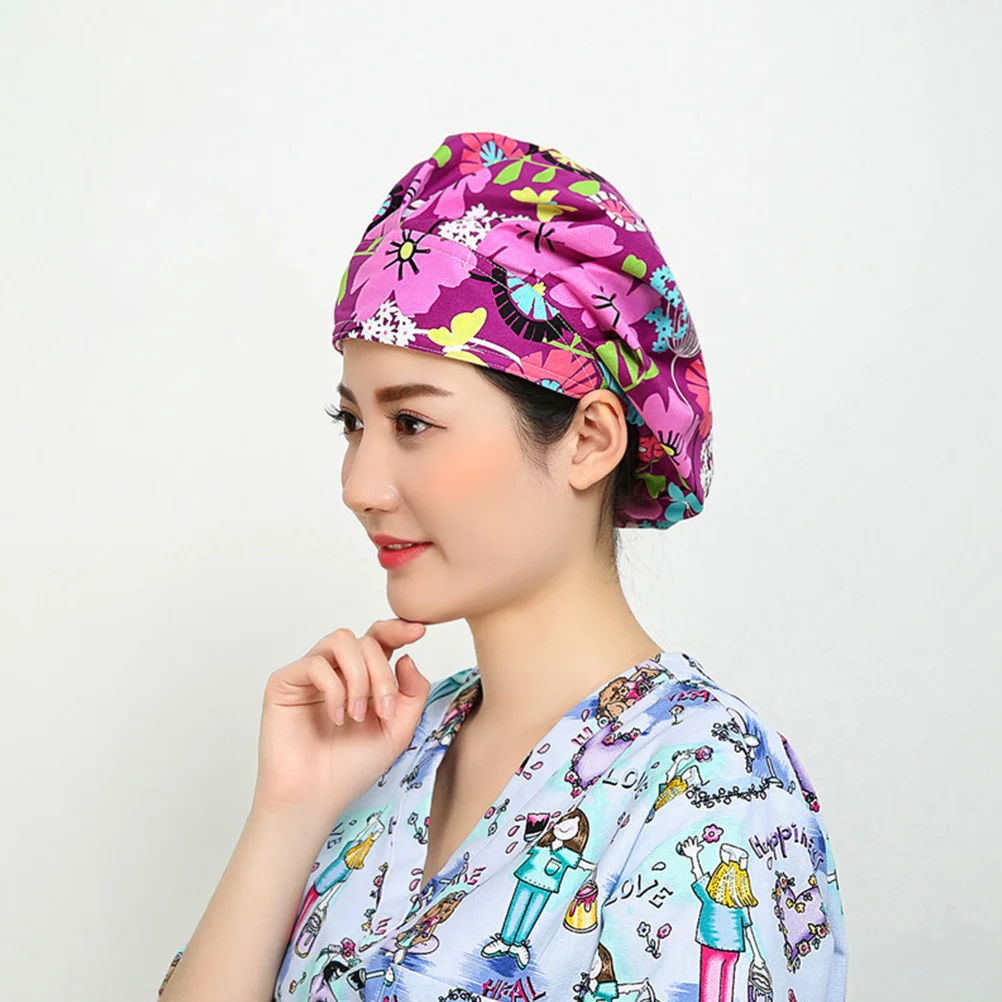 

2pcs Printed Nurse Doctor Hat Operating Room Cotton Working Breathable Kitchen (Flowers, Purple ) Operating Room Cap