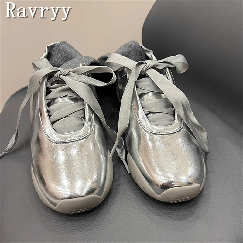 Women New Sliver Pink Strap Ballet Shoes Round Toe Lace Up Brand Design Sneaker Fashion Girls Sport Casual Walking Shoes