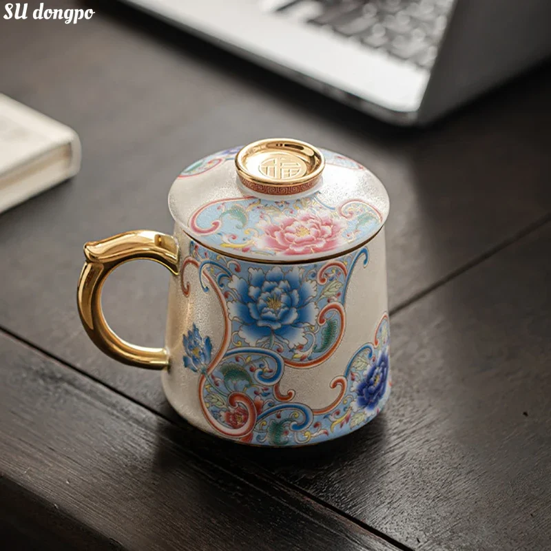 High-grade Filigree Silver Bai Chuan Cup Enamel Colored Tea Cup Retro Ceramic Tea Separation Filter Office Cup with Cover Gifts