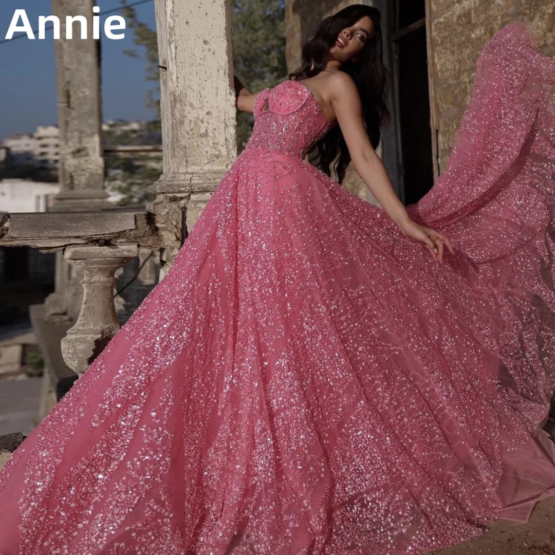 Vestido de noche de tul con purpurina, sin tirantes traje Sexy, línea A, para boda, graduación, ocasiones formales