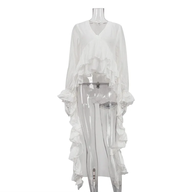 セクシーなルーズ白の女性のシャツファッション V ネック長袖シャツエレガントなフリル不規則なトップ女性服ブラウス