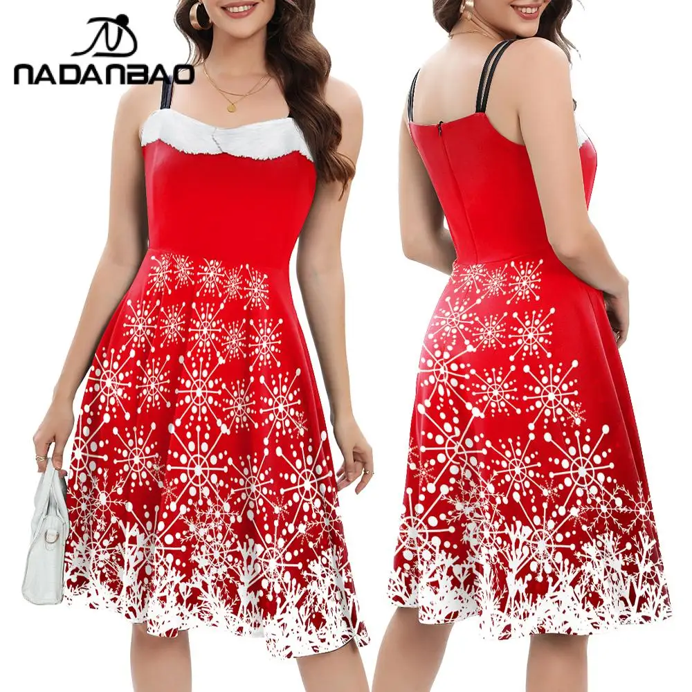 NADANBAO Women  Christmas Party Dresses Elk Snowflake Spaghetti Strap Red Dress Lady Girl Sexy Costume Xmas Clothes Holiday Gift