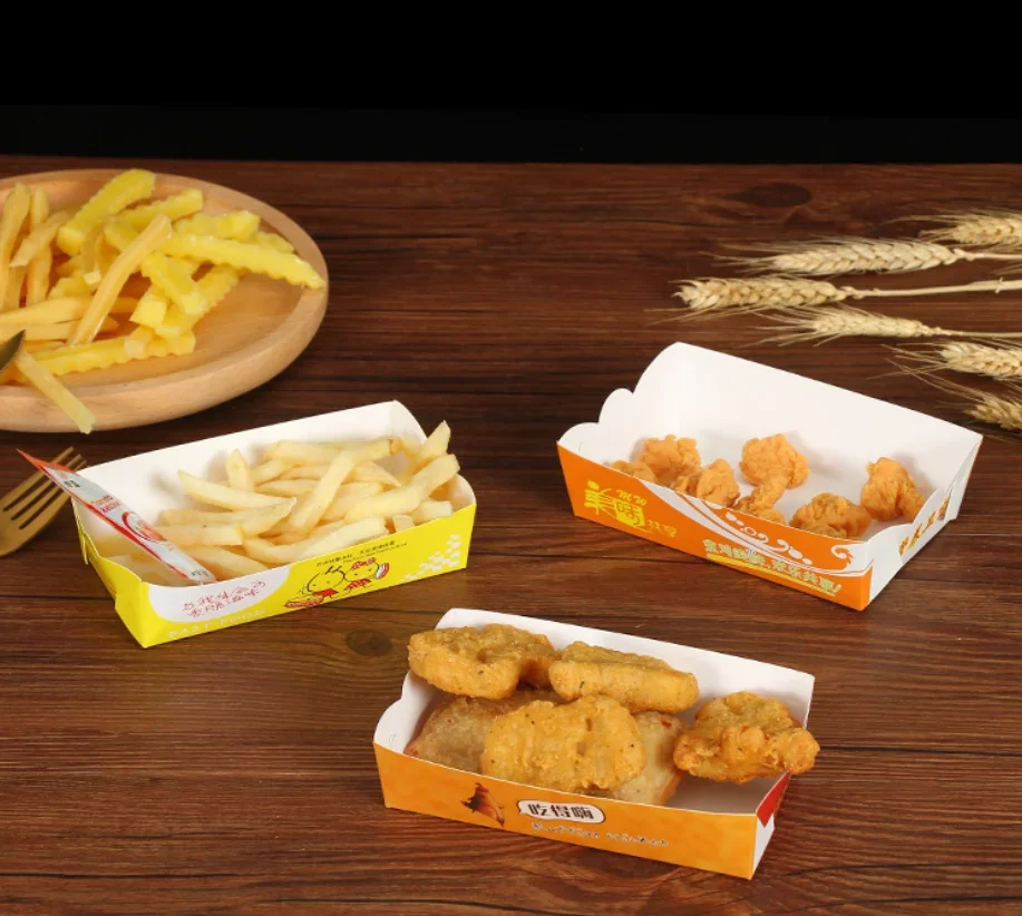 100Pcs Disposable Paper Food Serving Tray Kraft Paper Take-Out Boat Shape Snack Open Box French Fries Chicken Storage Tray