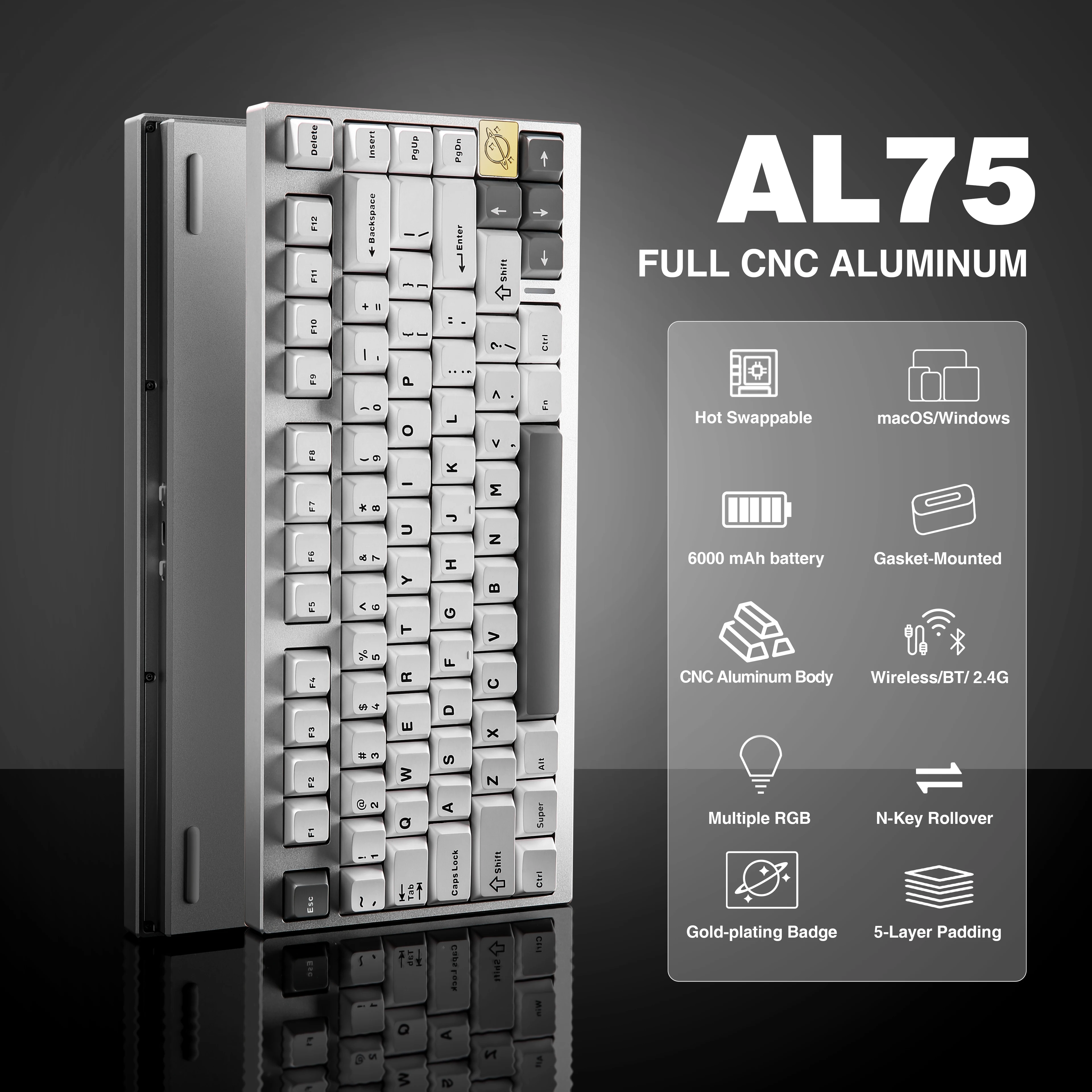 YUNZII AL75 White 75% Aluminum Wireless BT/2.4G/Wired Mechanical Gaming Keyboard, Hot Swappable Pre-lubed Switches, Gasket PCB